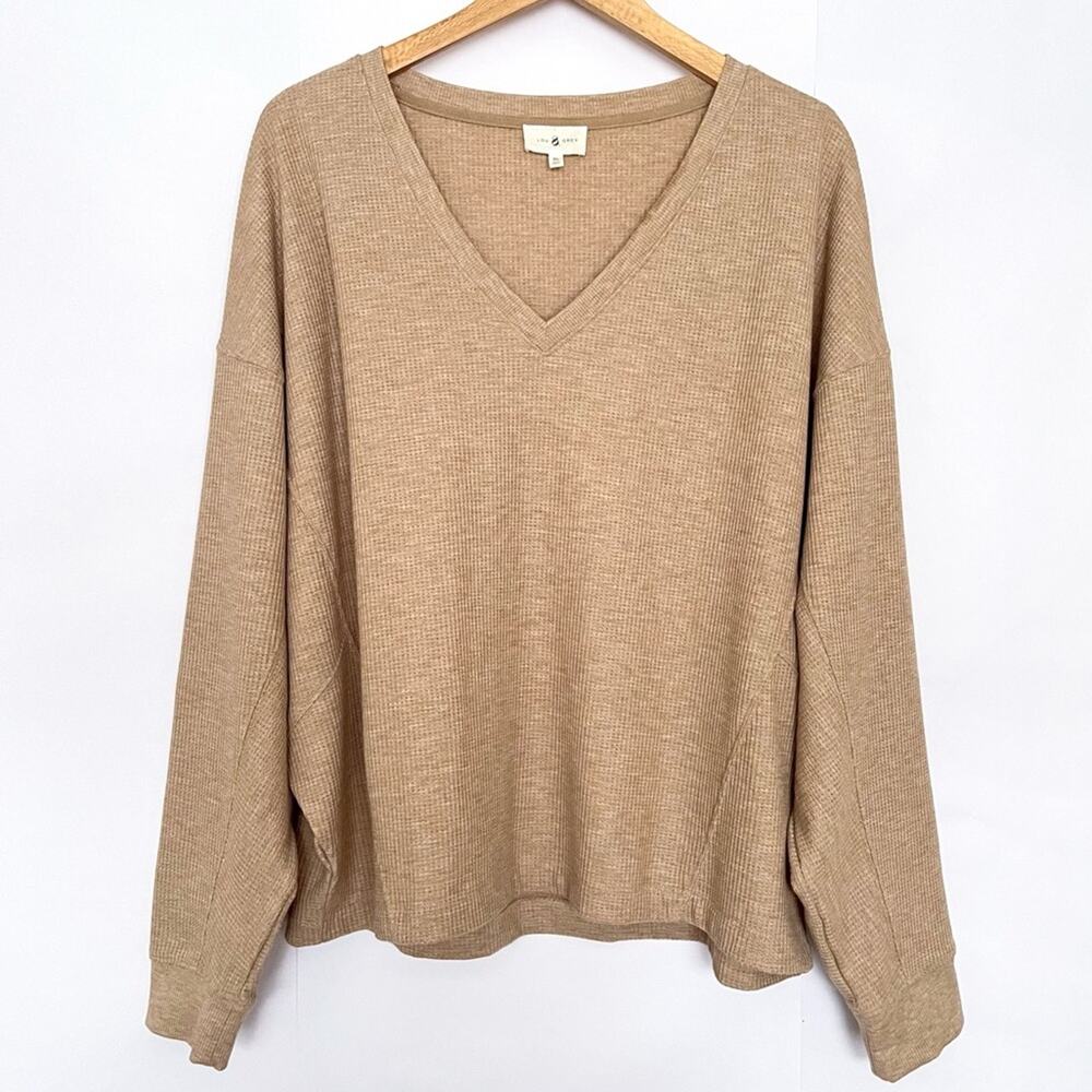 Lou & Grey Upstate Waffle Knit Top V Neck Drop Shoulder Long Sleeve Size XL Tan
